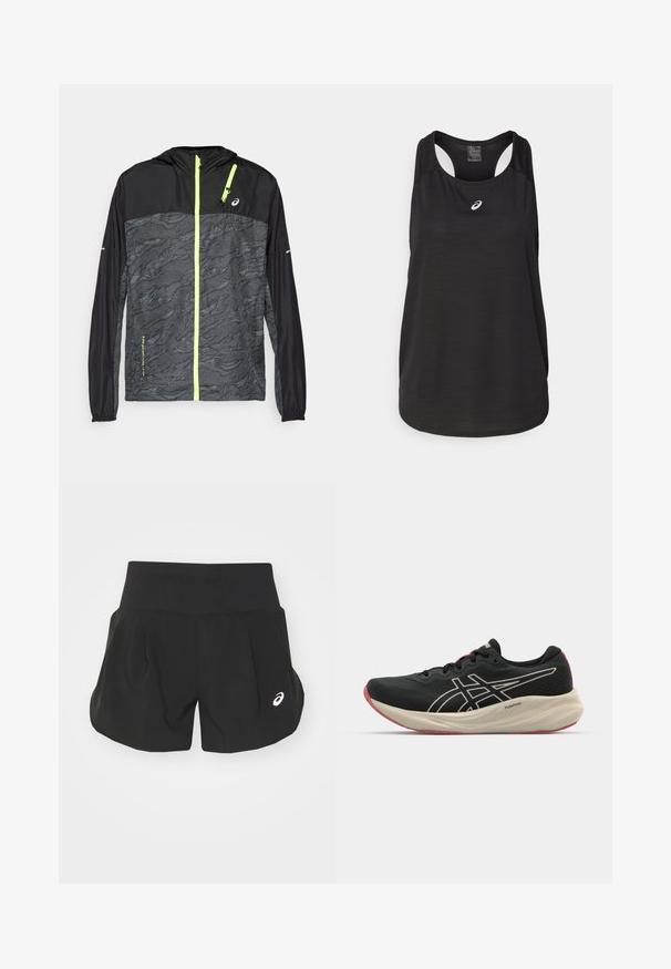 Mustmust värvi tuulejakk tekstuuri jaoks halli mustriga, millel on neoonroheline lukku ja nöör, ning elastsed mansetid varrukatel.; Must värviline sportlik naiste top, mis on valmistatud kergest kangast. Omab ümmargust kaelust, võistlusselja disaini ning esiküljel väikest valget logo.; Mustad mustrokid, laia vöökoht, pleekud disain ja väike valge logo aktsent vasakul alakul. Pehme, kerge materjal.; Musthave mustuskingad, millel on võrkkangas ülakeha ja valged detailid. Omab pehmendatud vahetald ja punaseid detailid tallal. Kerge disain.