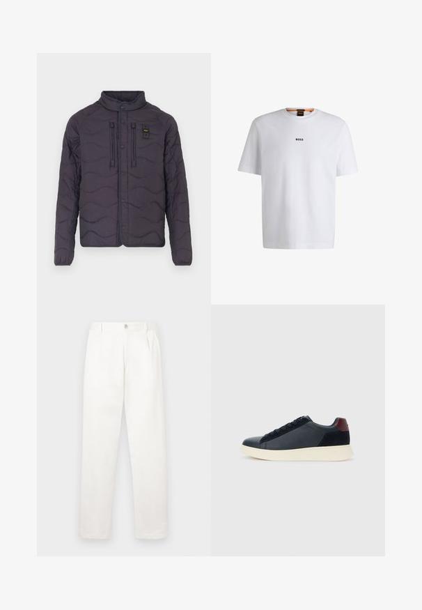 Párnázott lila dzseki hullám mintázattal, patentos záródással és magas gallérral. Két elülső zsebbel és díszvarrással rendelkezik.; Fehér pamut póló rövid ujjakkal, középen fekete "BOSS" logóval a mellkason és kerek nyakú kialakítással.; Fehér nadrág sima anyagból, egyenes lábbal, elülső pliszékkal és egy gombos záródással a derékon.; Fekete bőr és velúr alacsony szárú férfi sneaker, bordó sarokpanellel és fehér gumi talppal, oldalnézetből.