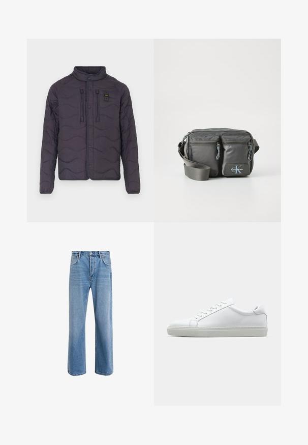 Fioletowa, pikowana kurtka z falistym wzorem, zapięcie na napy i wysoki kołnierz. Posiada dwie przednie kieszenie i akcentujące przeszycia.; Koszula z długim rękawem o stójce w jasnokremowym kolorze, wykonana z bawełny. Gładka tekstura, luźny krój, minimalistyczny design, bez widocznych wzorów i akcentów.; Jasnoniebieskie dżinsy o prostym kroju, pięć kieszeni, zapięcie na guzik, minimalne blaknięcia i kontrastowe wykończenia szwów.; Białe sneakersy z gładką skórzaną cholewką i niskim profilem. Posiadają okrągły nos, sześć dziurek na sznurówki oraz teksturowaną gumową podeszwę.; Szara nylonowa torba na ramię z dwoma zapinanymi na zamek przednimi kieszeniami, regulowanym paskiem i akcentem z logo. Gładka powierzchnia o nowoczesnym wzornictwie.