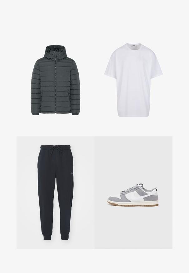Donkergrijze gewatteerde pufferjack met capuchon, voorrits, twee ritszakken aan de zijkant, elastische boorden en horizontale stiksels.; Witte katoenen t-shirt met korte mouwen, ronde hals, relaxte pasvorm en zonder zichtbare logo's of patronen. Gladde textuur en minimalistisch ontwerp.; Zwarte joggingsbroeken van zachte stof, met een elastische tailleband met trekkoord, geribbelde boorden en een klein logo op de linker dij.; Grijze en witte sneaker met een bovenwerk van suede en leer, ronde neus, platte veters en een rubberen zool met een gumaccent.