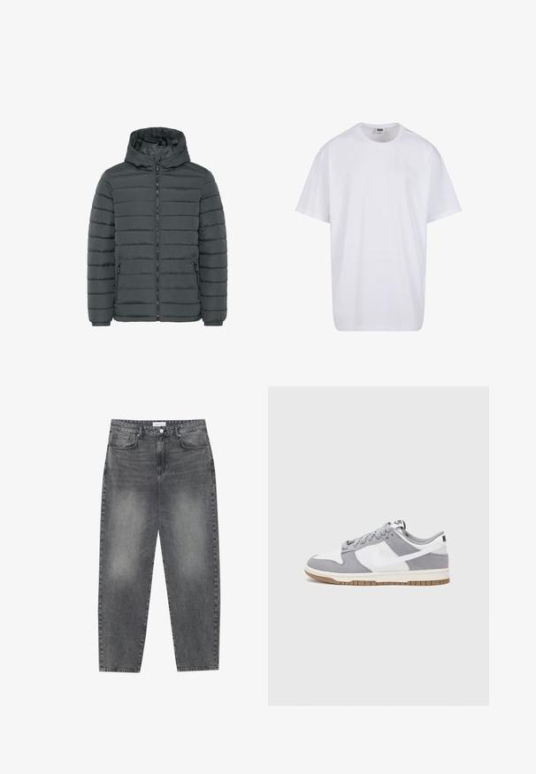 Mørkegrå quiltet pufferjakke med hette, frontglidelås og to glidelåslommer på siden, elastiske mansjetter og horisontal søm.; Hvit bomull t-skjorte med korte ermer, rund utringning, avslappet passform, og ingen synlige logoer eller mønstre. Glatt tekstur og minimalistisk design.; Høyt liv, løstsittende jeans i falmet svart denim. Har fem lommer, beltehemper og et rent, rett ben-design.; Grå og hvite sneakers med overdel i semsket skinn og lær, rund tå, flate lisser, og gummisåle med gummibelegg.