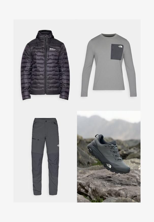 Črna puffer jakna z visokim ovratnikom, z nepogrešljivim sprednjim zadrgo in prešito zasnovo. Vezen logo na levem prsnem delu. Gladka tekstura.; Siva srajca z dolgimi rokavi z teksturirano tkanino, ki ima temnosivo žep na prsih in zadrgo. Logotip na žepu je bel.; Sive hlače za prosti čas z gladko teksturo, z žepom na zadrgo po strani, ojačanim kolenom in diskretno podrobnostjo logotipa.; Sive teka za trail tek, z teksturirano zgornjimi deli, trpežnim gumijastim podplatom in ojačanim kapico za prste. Ima vezi in logotip blagovne znamke na strani.