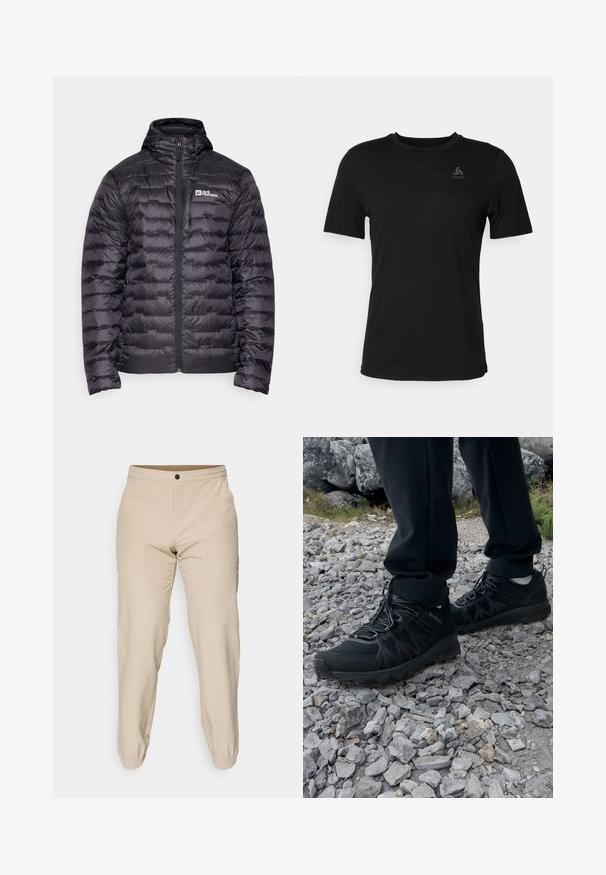 Black puffer jacket with a high collar, featuring a full front zipper and quilted design. Embroidered logo on the left chest. Smooth texture.; Black t-shirt made from lightweight fabric, featuring a round neckline, short sleeves, and a small brand logo on the upper left.; Beige pants made of smooth fabric, featuring an elastic waistband, two side pockets, and elastic cuffs at the ankles.; Black outdoor shoes with mesh and synthetic material, featuring a textured upper, secured lacing system, and a rugged outsole, on rocky terrain.