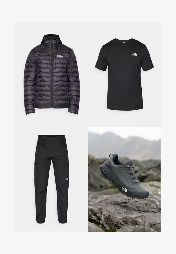 Black puffer jacket with a high collar, featuring a full front zipper and quilted design. Embroidered logo on the left chest. Smooth texture.; Black short-sleeve t-shirt made of cotton, featuring a round neckline and a small white logo on the upper left chest area.; The North Face HORIZON PANT - Outdoor trousers - black; Grey trail running shoe with a textured upper, durable rubber sole, and reinforced toe cap. Features laces and brand logo on the side.
