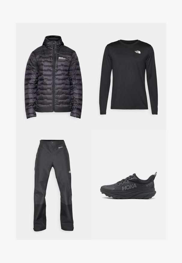 Černá péřová bunda s vysokým límcem, disponující plným předním zipem a prošívaným designem. Vyšívané logo na levé části hrudi. Hladká textura.; Černé funkční tričko s dlouhým rukávem vyrobené z lehkého materiálu, s bílým logem na horní levé části hrudi. Hladká textura.; Černé voděodolné kalhoty s hladkou texturou, na přední straně s logem GORE-TEX a s zesílenými dolními nohavicemi pro větší odolnost.; Černá běžecká obuv Hoka s prodyšným svrškem, texturovanými detaily a silnou, polstrovanou podrážkou se zúženými okraji pro lepší oporu.