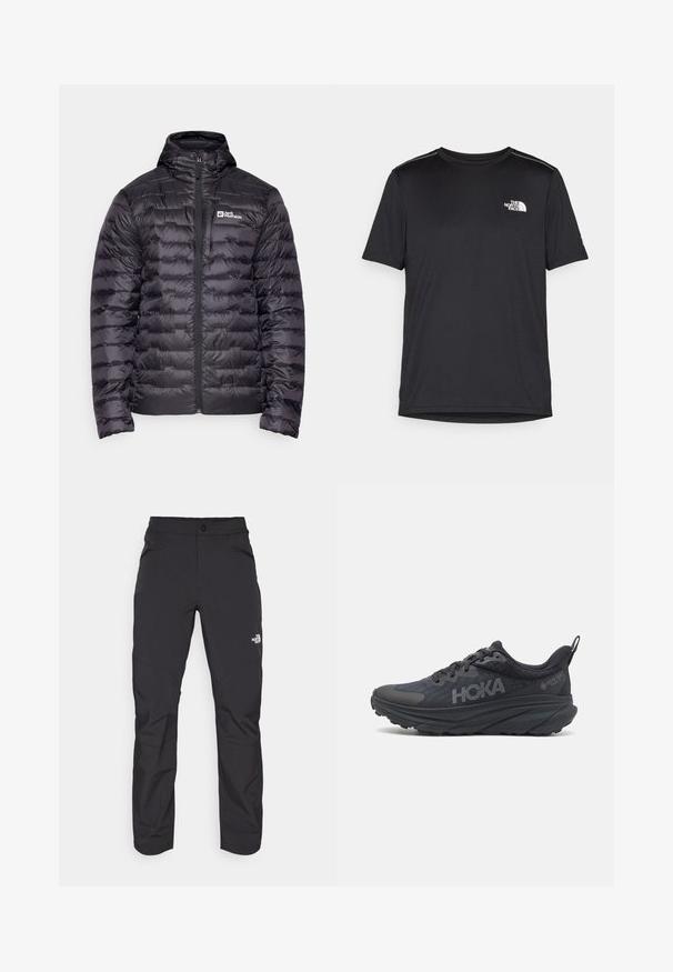 Chaleco acolchado negro con cuello alto, que cuenta con una cremallera frontal completa y un diseño acolchado. Logo bordado en el lado izquierdo del pecho. Textura suave.; Camiseta negra de manga corta hecha de tejido ligero. Presenta un pequeño logo blanco en el lado izquierdo del pecho y sutiles acentos en los hombros.; Pantalones exteriores negros con un bolsillo frontal con cremallera, material sintético, piernas ajustadas y paneles de rodilla reforzados. Cuenta con un cierre de botón.; Zapatilla de running Hoka negra con parte superior de malla, detalles texturizados y una suela gruesa y acolchada con bordes cónicos para un mayor soporte.