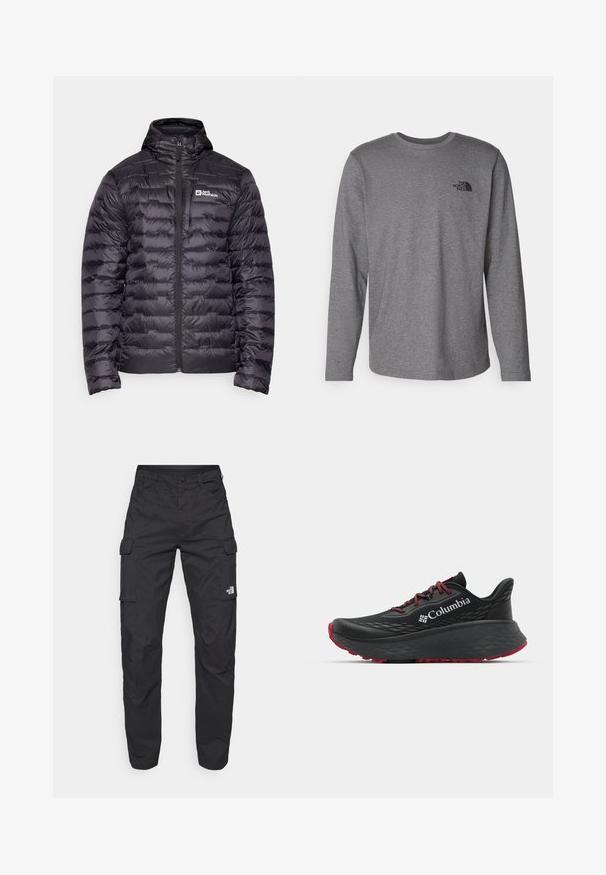 Sort puffjakke med høj krave, der har en fuld frontlynlås og quiltet design. Broderet logo på venstre bryst. Glat tekstur.; The North Face M L/S SIMPLE DOME TEE - Langærmet T-shirt - medium grey heather; The North Face EXPLORATION PANTS - Cargobukser - black; Sort atletisk sko med struktureret overdel, røde snørebånd og logo. Tykk sål med mønstret bund for godt greb. Minimalistisk design, set fra siden.