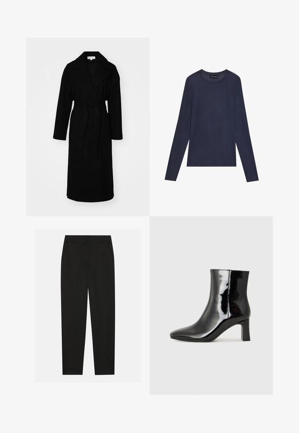 Svart lang frakk laget av myk stoff, med bred krage, lange ermer, belte i midjen og sidelommer.; Marineblå langermet topp laget av glatt, lett stoff. Har en rund halslinning og sømdetaljer langs ermene og sidene.; Sorte bukser med skreddersydd design, med sidelommer og rett ben. Laget av glatt, lett stoff med en elegant finish.; Sorte patentlær ankle boot med spiss tå og en mellomhøy blokkhelt. Glatt tekstur og minimalistisk design.