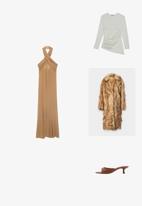 BDG Urban Outfitters Klassisk kappa / rock - camel; Halter neck klänning i mjuk beige tyg, med veckade detaljer vid halsringningen och en flödande, golvlång design.; Långärmad krämfärgad topp med rund halsringning, med ett lagerdesign och sammanknipplat detalj på den nedre delen. Mjuk tyg med slät textur.; Bruna öppna klackmules med en slät, matt yta, med en kurvad design och en genomskinlig, avsmalnande klack.