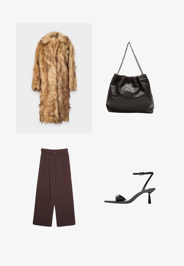 BDG Urban Outfitters Cappotto classico - camel; Maglione lavorato a maglia color marrone scuro con scollo rotondo, spalle scese, polsini e orlo a coste, caratterizzato da una morbida texture e una vestibilità comoda.; Stradivarius WIDE-LEG WITH BUCKLE DETAIL - Pantaloni - dark brown; Bershka Sandali con tacco - black; Borsa in pelle marrone con parte superiore arricciata e tracolla a catena. Texture liscia con finitura lucida e dettagli di cucitura sottili sui lati.