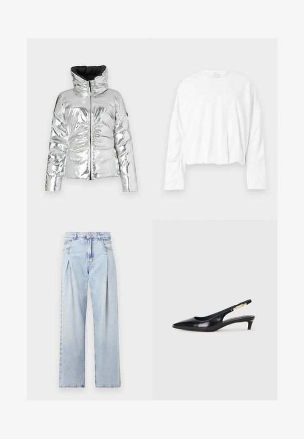 Sudraba pufi jaka ar spīdīgu, atstarojošu virsmu, augstu apkakli, ar rāvējslēdzēju un izšūtu tekstūru. Akcentēta ar melnu iekšpusi.; Balts, garām piedurknēm, cropped sporta krekls ar apaļu kakla izgriezumu un mīkstu kokvilnas materiālu. Piedāvā nedaudz savilktus piedurkņu galus un gludu tekstūru.; Gaiši zilas džinsu bikses ar augstu jostasvietu, plats kāju griezumu, divām sānu kabatām un krokotā dizaina akcentiem. Mīksta tekstūra ar izdilušu apdari.; Melnas ādas slingback zābaki ar smailu purngalu, ar šauru papēdi un zelta krāsas akcentu uz regulējama siksniņas. Gluda tekstūra.