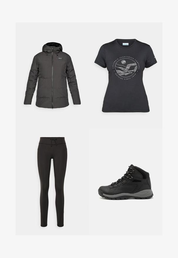 Čierna zateplená zimná bunda s kapucňou a predným zipsom, s logom Patagonia na ľavej hrudi.; Čierne tričko Columbia s bielou kruhovou grafikou hory a rieky a textom "Columbia Sportswear Company vonku od roku 1938."; Čierne legíny s vysokým pásom, so šnúrkou na stiahnutie, hladkou textúrou a priliehavým strihom. Obsahujú švy po stranách.; Čierna turistická obuv s polovičným strihom, s textúrovaným zvrškom, šedými akcentmi a odolnou gumovou podrážkou s protišmykovými hrebienkami.