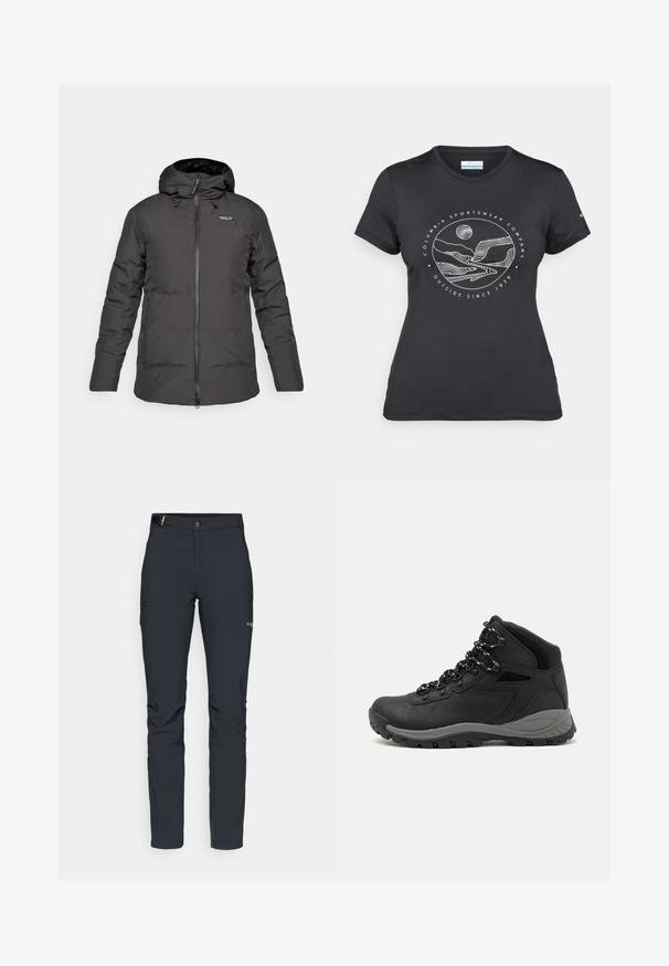 Musthave musta isoleeritud kapuutsiga talvejope, millel on ees lukk ja Patagonia logo vasakul rinnakorvil.; Musternine Columbia T-särk mustas värvuses, millel on valge ümmargune mägi ja jõe joonistus ning tekst "Columbia Sportswear Company Outside Since 1938."; Meeste välkpüksid, tumehallid, valmistatud paindlikest materjalidest, vöökohaga, tõmblukuga taskud ja tugevdatud õmblused.; Mustarjaline matkasaabas, millel on keskmine disain, tekstuuriga ülemine osa, hallid aktsendid ja vastupidav kummist põhi, millel on haardelugesid.