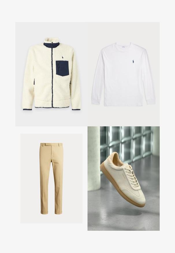 Fleece jakna v kremni barvi z navy zadrgo na prsnem žepu, visokim ovratnikom in kontrastnimi črtami. Ima teksturirano, mekano zunanjost.; Bela dolga majica s dolgimi rokavi iz bombaža. Ima okroglo ovratnico, rebraste manšete in majhen temno moder polo logo na levem prsnem delu.; Kahe barvni chinos narejeni iz gladkega bombažnega blaga, ki ponujajo prilegan dizajn, sprednje pregibe in manšete pri gležnju za ozko silhueto.; Bež športni copat iz semiša z teksturirano podplatom iz gumijastega materiala. Ima ravne vezalke, zaobljen prst in subtilno blagovno znamko na strani. Rahlo oblazinjen ovratnik.