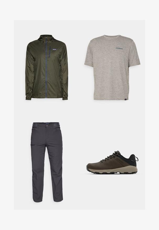 Patagonia HOUDINI - Vindjakke - pine needle green; Grå kortermet t-skjorte laget av mykt, teksturert stoff med en liten blå Patagonia-logo på venstre bryst. Ingen ekstra mønstre.; Mørkegrå bukser laget av slitesterkt stoff, med glidelåslomme, rett snitt og beltestropper for justerbar passform.; Brune vanntette joggesko med teksturert overdel, perforerte detaljer, svart hæl støtte og en grå gummisåle. Snøring er stilisert med metalliske ender.