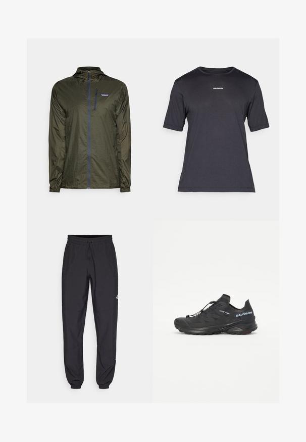 Patagonia HOUDINI - Corta-vento - pine needle green; T-shirt de desempenho preta de manga curta, feita de tecido respirável, com decote redondo e pequeno logótipo branco "SALOMON" no peito.; Calças atléticas pretas feitas de tecido leve, com um cós ajustável por cordão, bolsos laterais e punhos afunilados nos tornozelos.; Sapatilha de trail running preta com um upper texturizado, atacadores elásticos e sola Contagrip. Apresenta um ajuste confortável e uma biqueira protetora.