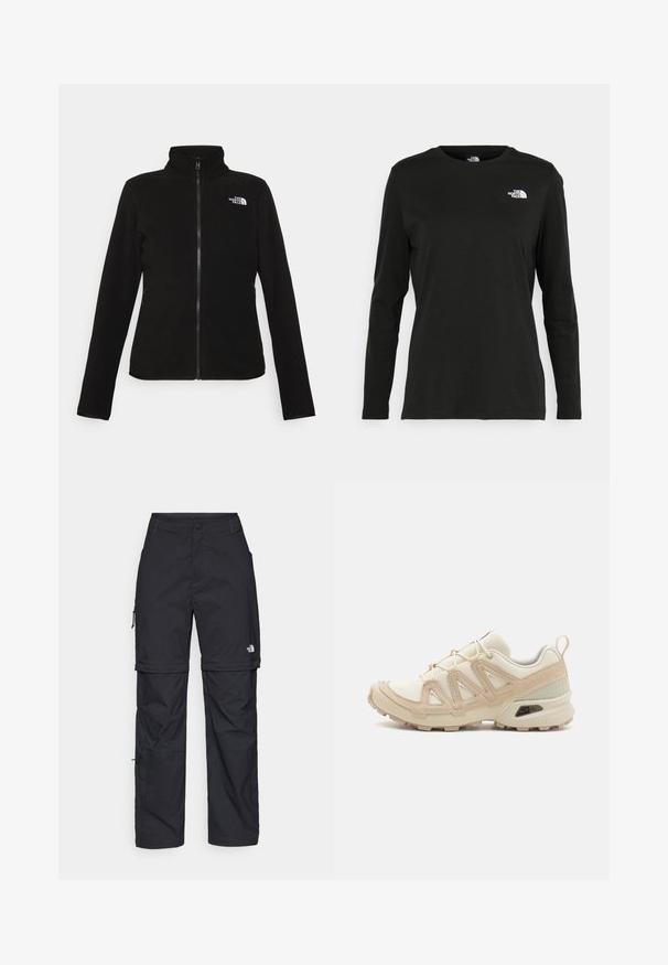 The North Face W GLACIER - Jakna iz flisa - black; Črna majica z dolgimi rokavi iz bombaža z okroglo izrezom. Ima majhen bel logotip na levem prsnem delu. Enostaven dizajn in prileganje.; Črne najlon hlače z zipom, ki se lahko odstranijo, s prilagodljivimi manšetami, več žepi in logotipom na desni nogi. Gladka, lahka tekstura.; Bež in krem športni čevlji z teksturiranim mrežastim zgornjim delom, podpornimi prekrivali in gumijastim podplatom z vzorcem za oprijem.