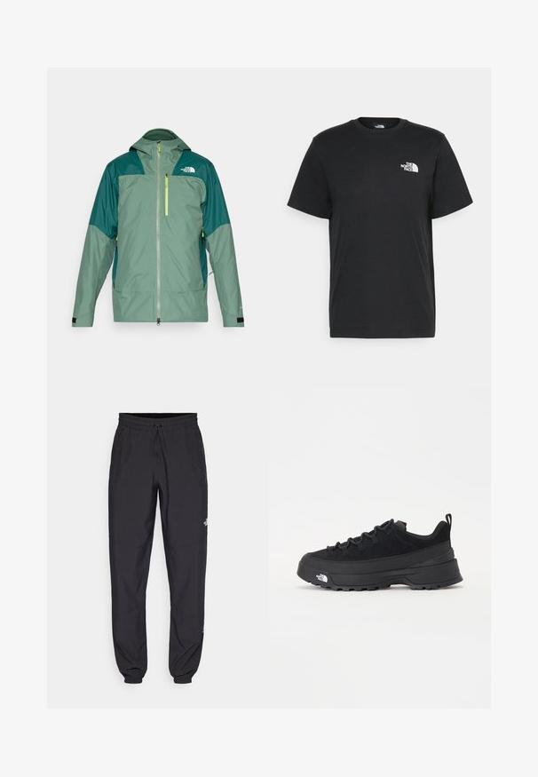 Green waterproof jacket featuring a zip front, hood, contrasting dark green shoulder panels, and a reflective yellow zip pocket.; Black cotton t-shirt with short sleeves, crew neck, and a small white logo on the left chest. Simple design, smooth texture, and relaxed fit.; Black athletic pants made from lightweight fabric, featuring a drawstring waistband, side pockets, and tapered cuffs at the ankles.; Black outdoor sneaker with a suede upper, textured rubber sole, and sturdy lacing system. Features a reinforced heel and brand logo on the side.