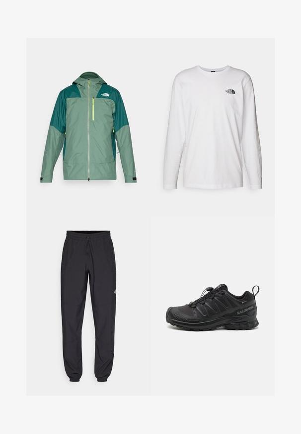 Grüne wasserdichte Jacke mit Reißverschluss vorne, Kapuze, kontrastierenden dunkelgrünen Schulterpanelen und einer reflektierenden gelben Reißverschlusstasche.; Weißes langärmliges T-Shirt aus Baumwolle mit Rundhalsausschnitt. Verfügt über ein kleines schwarzes Logo auf der Brust. Glatte Textur, reguläre Passform.; Schwarze Sporthosen aus leichtem Stoff, mit einem Kordelzugbund, seitlichen Taschen und schmal zulaufenden Bündchen an den Knöcheln.; Schwarzer Sportschuh mit einer strukturierten, synthetischen Oberseite, gepolsterten Sohle und einem schnellen Schnürsystem. Verfügt über eine verstärkte Zehen- und Fersenkappe.