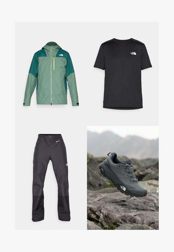 Green waterproof jacket featuring a zip front, hood, contrasting dark green shoulder panels, and a reflective yellow zip pocket.; Black short-sleeve T-shirt made from lightweight fabric. Features a small white logo on the left chest and subtle shoulder accents.; Black waterproof pants with a smooth texture, featuring a GORE-TEX logo on the front, and reinforced lower legs for durability.; Grey trail running shoe with a textured upper, durable rubber sole, and reinforced toe cap. Features laces and brand logo on the side.