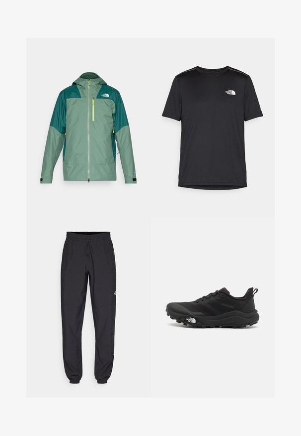 Veste imperméable verte avec fermeture éclair à l'avant, capuche, panneaux d'épaule contrastants en vert foncé et poche zippée réfléchissante jaune.; T-shirt noir à manches courtes en tissu léger. Présente un petit logo blanc sur la poitrine gauche et des accents subtils aux épaules.; Pantalon de sport noir en tissu léger, avec une taille à cordon, des poches latérales et des chevilles resserrées.; Chaussure de trail running noire avec une tige texturée, semelle en caoutchouc et bout renforcé. Présente un col rembourré et une tirette pour un enfilage facile.