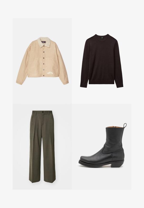 Beige kurze Jacke mit einem Lammfellkragen, Frontknöpfen, zwei großen Taschen und einem weißen Logo-Detail auf der linken unteren Seite.; Reiss Strickpullover - dark bordeaux; Filippa K WIDE TROUSERS - Stoffhose - driftwood; Schwarze Leder-Stiefelette mit glatter Oberfläche, schlankem Profil, seitlicher Naht und niedrigem, quadratischen Absatz. Verfügt über eine Zuglasche an der Rückseite.