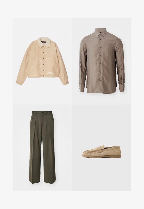 Giacca corta beige con colletto in shearling, bottoni sul davanti, due grandi tasche e dettaglio di branding bianco sul lato sinistro in basso.; Camicia a maniche lunghe di colore taupe, realizzata in tessuto morbido, con chiusura a bottoni e bottoni scuri, e un piccolo logo sul petto.; Filippa K WIDE TROUSERS - Pantaloni - driftwood; Mocassini slip-on in suede beige con un design arricciato, dotati di suola piatta e una fascia decorativa sul collo del piede. Texture liscia.