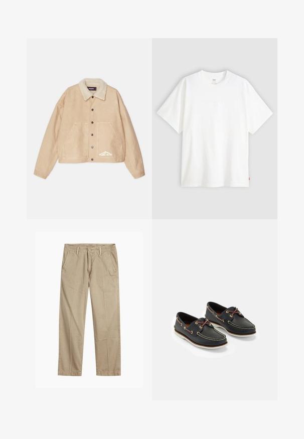 Beige kurze Jacke mit einem Lammfellkragen, Frontknöpfen, zwei großen Taschen und einem weißen Logo-Detail auf der linken unteren Seite.; Weißes T-Shirt mit kurzen Ärmeln aus Baumwolle und rundem Halsausschnitt. Besitzt ein dezentes, geprägtes Logo-Detail auf der Vorderseite und ein rotes Etikett am Saum.; Beige gerade geschnittene Chinos mit Gürtelschlaufen, vorderem Knopf- und Reißverschlussverschluss sowie schrägen Fronttaschen.; Marineblaue Lederbootsschuhe mit gelbem Nähen, roten Schnürsenkeln und silbernen Ösen; runde Zehenform; weiße Gummisohle.