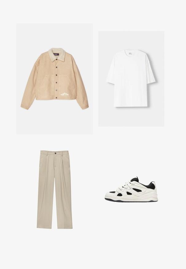 Beige cropped jack met een schapenvacht kraag, knopen aan de voorkant, twee grote zakken en een wit merkembleem aan de onderkant links.; Witte t-shirt met korte mouwen, gemaakt van katoen, met een ronde halslijn en een relaxte pasvorm. Gladde textuur, zonder zichtbare patronen of accenten.; Beige broek met een rechte snit, voorzien van een enkele zwarte knoop, riemlussen en zijzakken. Glad stoffen textuur en een minimalistisch ontwerp.; Witte en zwarte sportschoenen met een gestructureerde zool, voorzien van uitsnijdingen aan de zijkanten en veters, en een gevoerde achterkant voor ondersteuning.