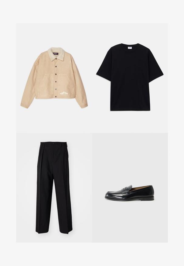 Beige cropped jacket with a shearling collar, front buttons, two large pockets, and white branding detail on the lower left side.; Black short-sleeve oversized T-shirt with round neckline and visible Filippa K brand label inside the collar.; Black pleated trousers with a straight, wide-leg design. Made from smooth fabric, featuring a button closure and belt loops.; Leather loafers in black with a smooth finish, rounded toe, decorative stitching, and a small metal accent on the front.