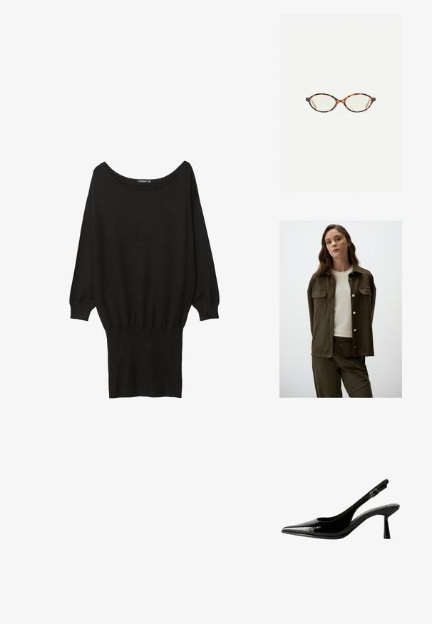 Ciemnooliwkowa koszula z guzikami, z dwoma kieszeniami na piersi i złotymi guzikami, w połączeniu z jasnym podkoszulkiem w okrągłym dekolcie i dopasowanymi spodniami.; Czarny oversized sweter z szerokim dekoltem w łódkę, długimi rękawami, prążkowanymi mankietami i dopasowanym dolnym brzegiem, wykonany z miękkiego, teksturowanego materiału.; Czarne lakierowane pantofle na obcasie typu slingback z ostrym noskiem, wyciętymi bokami, regulowanym paskiem na kostce i cienkim, smukłym obcasem.; Okulary w kolorze tortoiseshell z owalnymi soczewkami i gładkim, eleganckim wykończeniem. Posiadają cienkie boki z delikatnym łukiem w okolicy skroni. Przezroczyste soczewki.; Czerwona skórzana torebka na ramię o zakrzywionym kształcie, gładkiej fakturze i zamek błyskawiczny. Posiada cienką rączkę do noszenia.