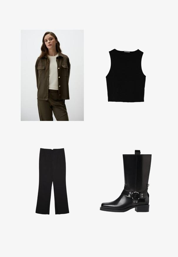 Dark olive-green button-up shirt with two chest pockets and gold buttons, paired with a light-colored crew-neck top and matching bottoms.; Black sleeveless crop top made of smooth fabric, featuring a round neck and a clean, simple design without patterns or hardware.; Black trousers with a straight fit, featuring front pockets and side slits at the hem. Made of soft, smooth fabric. Suitable for various occasions.; Black leather knee-high boot with a pointed toe, silver buckle accents, and a chunky heel. Features a pull tab for easy wear.