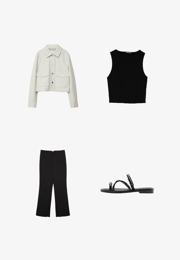 Valkoinen lyhyt takki, joka on valmistettu huopamaisesta kankaasta. Takissa on kaulus, edessä nappikiinnitys ja kaksi suurta läpällistä taskua.; Musta hihaton crop-top, joka on valmistettu sileästä kankaasta, jossa on pyöreä kaula-aukko ja siisti, yksinkertainen muotoilu ilman kuvioita tai varusteita.; Mustat housut suoralinjaisella leikkauksella, joissa on etutaskut ja sivurei'ät helman alla. Valmistettu pehmeästä ja sileästä kankaasta. Sopii eri tilaisuuksiin.; Mustat litteät sandaalit, joissa on kiiltävä pinta, kolme ohutta hihnaa ja pyöreä metalliosuus varpaissa. Tyylikäs muotoilu, jossa on minimaalinen kantapää.
