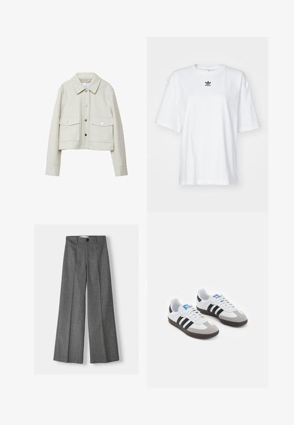 Veste cropped couleur crème en tissu feutré, dotée d'un col, d'une fermeture à boutons sur le devant et de deux grandes poches à rabat.; T-shirt blanc à manches courtes en coton. Avec un col rond et un petit logo Adidas noir sur la poitrine. Ourlet droit.; Pantalons large gris à rayures, dotés d'une fermeture à bouton et de deux poches avant. Fabriqués en tissu texturé.; Baskets avec une tige en cuir blanc, un bout en daim gris et trois bandes noires. Présente un logo bleu sur la languette et une semelle en caoutchouc texturée.