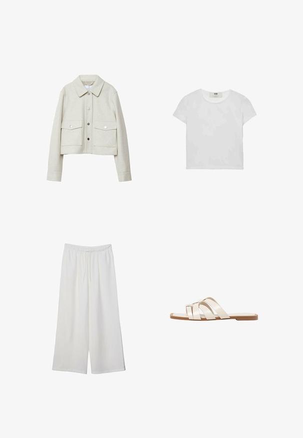 Kremowa, krótka kurtka z wełnianego materiału, z kołnierzem, zapinana na guziki z przodu oraz dwiema dużymi kieszeniami z klapami.; Biała koszulka z krótkim rękawem i okrągłym dekoltem, wykonana z miękkiej bawełny, charakteryzująca się prostym, czystym wzorem bez widocznych zdobień ani akcentów.; Białe szerokie spodnie wykonane z lekkiego materiału, z elastyczną talią i sznurkiem do regulacji fasonu. Gładka tekstura.; Płaskie sandały z brązową gumową podeszwą, zaprojektowane z trzema nakładającymi się na siebie białymi skórzanymi paskami i małym detalem w postaci kokardy na środku.