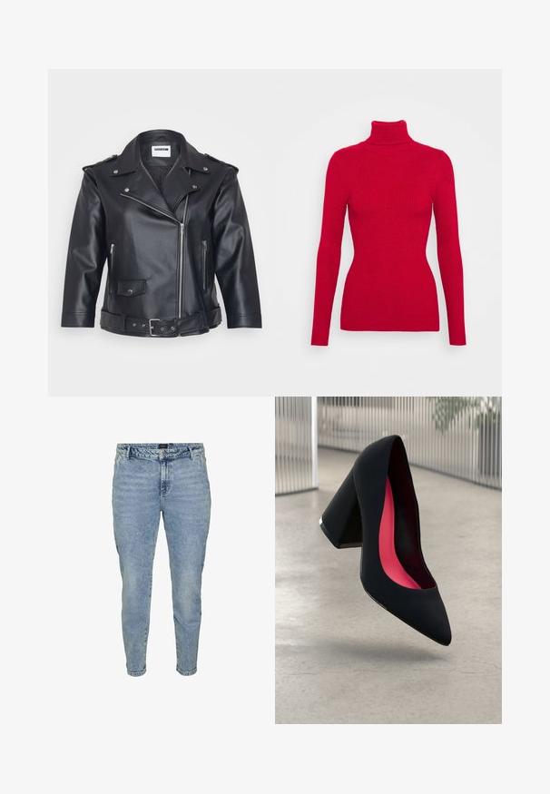 Černá kožená motocyklová bunda s klopovým límcem, asymetrickým zipem, bočními kapsami a opaskem v pase. Texturovaný povrch a kovové detaily.; Červený pletený rolák s dlouhými rukávy, strukturovaná tkanina, přiléhavý střih a vysoký límec. Žádné viditelné ozdoby.; Světle modré džíny se zúženými nohavicemi, vyrobené z denimové látky. Mají zapínání na knoflík, pět kapes a jemné zesvětlení pro texturu.; Černá vysoká podpatková bota s špičatou špičkou, texturovaným povrchem a živým růžovým interiérem. Obsahuje masivní podpatek se stříbrným akcentem.