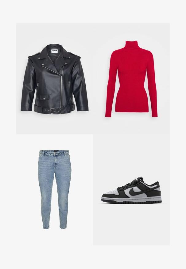 Crna kožna motoristička jakna s izrezanim ovratnikom, asimetričnim patentnim zatvaračem, bočnim džepovima i pojasom u struku. Teksturirana površina i metalni detalji.; Crvena rebrasta rolka s dugim rukavima, teksturirana tkanina, uski kroj i visoki okovratnik. Bez vidljivih ukrasa.; Svijetloplavi traperice sa suženim nogavicama, izrađene od traper tkanine. Imaju zatvaranje na dugme, pet džepova i suptilno izbjeljivanje za teksturu.; Crne i sive Nike Dunk niske tenisice s perforiranim prstom, glatkim kožnim detaljima i gumenim potplatom s teksturiranim uzorkom.