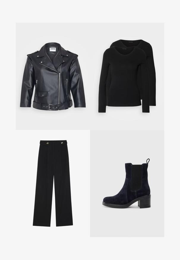 Black leather motorcycle jacket featuring a notched collar, asymmetrical zipper, side pockets, and a belted waist. Textured finish and metallic hardware.; Two black long-sleeve shirts with a V-neck design, made of soft, stretchy fabric, showing smooth texture and a fitted shape.; Black wide-leg trousers with high waist, button details on waistband, and front pleats.; Navy blue suede ankle boot with elastic side panel, rounded toe, and block heel. Textured fabric and smooth sole add contrast.