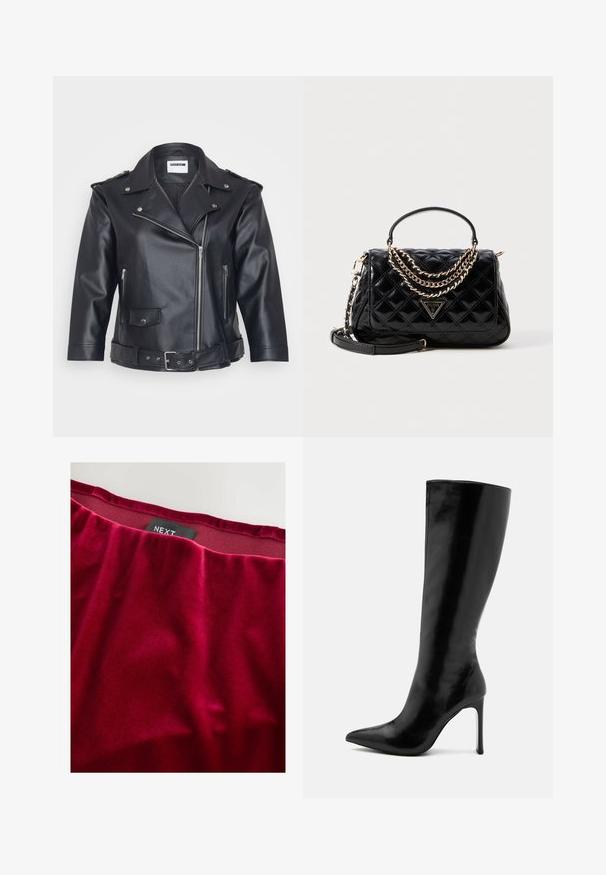Giacca da moto in pelle nera con colletto a punta, zip asimmetrica, tasche laterali e vita con cintura. Finitura testurizzata e accessori metallici.; Top nero senza maniche con un design drappeggiato, caratterizzato da arricciature testurizzate su un lato e un orlo leggermente asimmetrico. Realizzato in tessuto morbido.; Tessuto in velluto rosso con una consistenza liscia, dotato di una vita arricciata. Etichetta del brand "NEXT" visibile vicino al bordo superiore.; Stivale nero fino al ginocchio in pelle lucida, con punta affusolata e tacco a stiletto sottile. Texture liscia con design minimalista.; Borsa a tracolla nera trapuntata con una forma strutturata, accenti in catena dorata, una maniglia superiore e una placca con logo. Include una tracolla rimovibile.