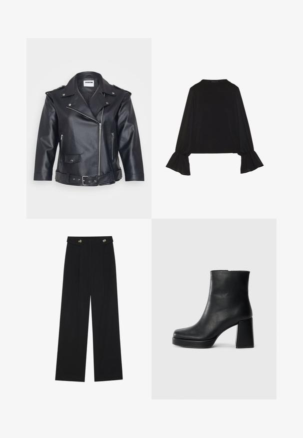 Black leather motorcycle jacket featuring a notched collar, asymmetrical zipper, side pockets, and a belted waist. Textured finish and metallic hardware.; Black long-sleeve top featuring flared cuffs, soft texture, and a relaxed fit, with a simple round neckline.; Black wide-leg trousers with high waist, button details on waistband, and front pleats.; Black leather ankle boot with a block heel and platform sole, viewed from the side on a plain white background.