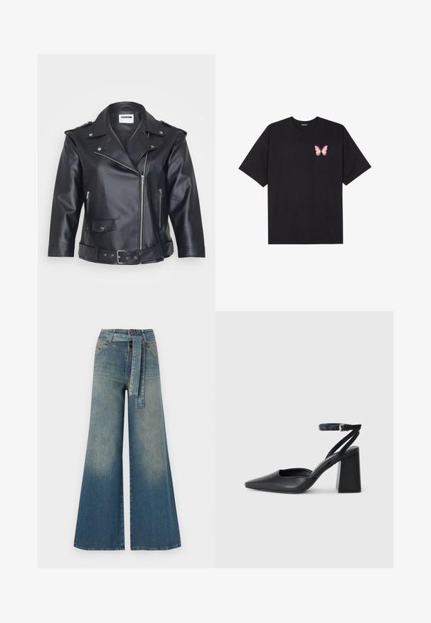 Svart lær motorsykkeljakke med klaffekrage, asymmetrisk glidelås, sidelommer og beltestropp i midjen. Teksturert overflate og metallhardware.; Svart bomulls T-skjorte med korte ermer, med en liten rosa sommerfugl grafikk på venstre bryst. Crew-neck design med en avslappet passform.; Bredde ben jeans med en lyseblå til mørkeblå gradient, høyt liv, beltehemper og et matchende belte i samme stoff. Teksturert denimoverflate.; Svart lær pumps med spiss tå, ankelrem og kraftig hæl. Flat tekstur, strømlinjeformet design og minimalisme.