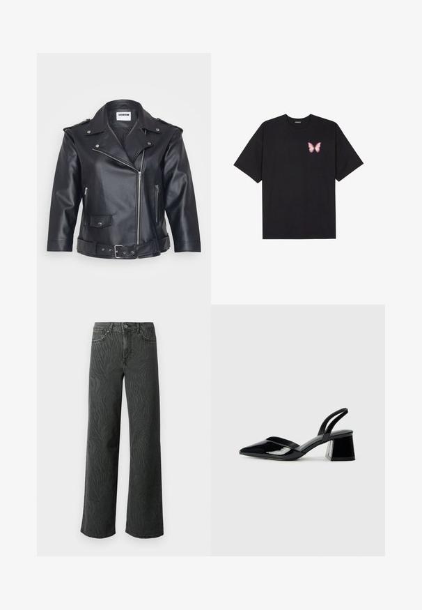 Black leather motorcycle jacket featuring a notched collar, asymmetrical zipper, side pockets, and a belted waist. Textured finish and metallic hardware.; Black cotton t-shirt with short sleeves, featuring a small pink butterfly graphic on the left chest. Crew neck design with a relaxed fit.; Wide-leg jeans in dark gray denim, featuring a subtle zebra-pattern texture, contrast stitching, and five-pocket design with a button fly.; Black patent leather slingback heels with a pointed toe and a geometric block heel. Features a sleek, minimal design and smooth texture.