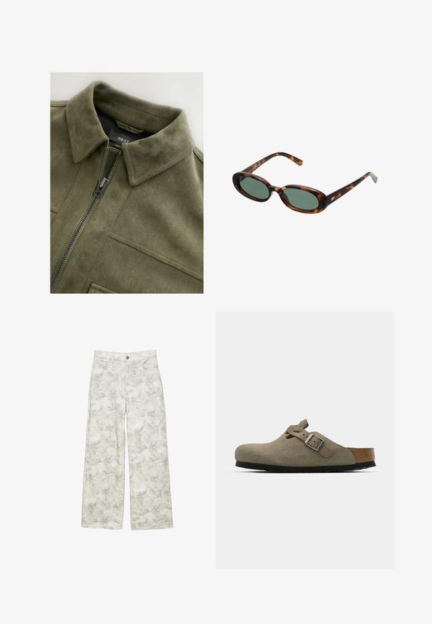 Olivgrüne Wildlederjacke mit Kragen, Vorderreißverschluss und zwei Brusttaschen. Glatte Textur mit dezenten Stickdetails.; Brauner Strickpullover mit einem Kragen-Design, ausgestattet mit einem seitlichen Knopfverschluss und langen Ärmeln. Der Stoff wirkt weich und strukturiert.; Weiße weit geschnittene Jeans mit einem dezenten Blumenmuster in Grau und Hellgrün, ausgestattet mit einem Fünf-Taschen-Design und einem silbernen Knopfverschluss.; Wildleder-Clogs in hellolivgrün mit einer geformten Kork- und Gummisohle. Verfügt über einen Seitenriemen mit einer metallischen Schnalle und einer abgerundeten Zehenpartie.; Schildpatt-Sonnenbrille mit ovalen Rahmen und grünen Gläsern. Verfügt über dünne Bügel mit einem metallischen Akzent in der Nähe der Scharniere.