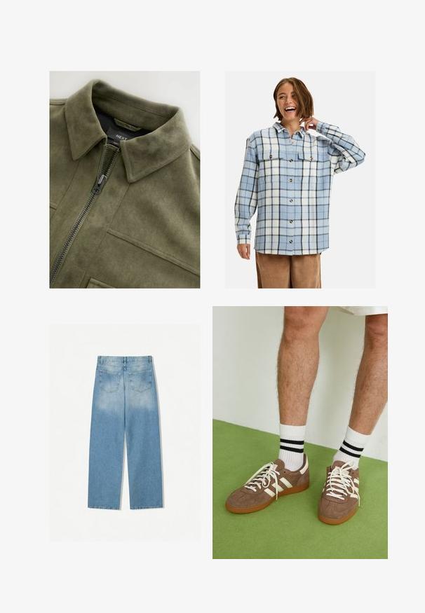 Olive green suede-style jacket with a collared neck, front zipper, and two chest pockets. Smooth texture with subtle stitching details.; Light blue and white flannel shirt with black plaid pattern, featuring two chest pockets and gold buttons, designed with a relaxed fit.; White cotton tank top with a scooped neckline, no sleeves, and a fitted shape. Smooth texture, plain design, and minimal stitching details.; Light blue denim jeans with a straight leg design, featuring two back pockets and a faded texture at the upper sections.; Brown suede sneakers with white accents and laces. Rubber gum sole. Worn with white socks featuring black stripes. Green textured flooring.