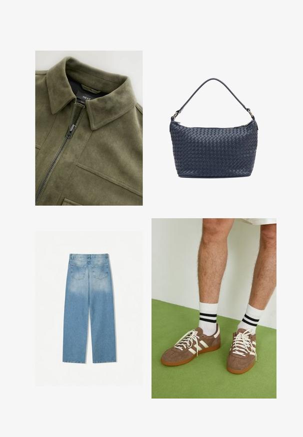 Jasnozielona kurtka zamszowa z kołnierzykiem, zamkiem błyskawicznym z przodu i dwoma kieszeniami na piersi. Gładka tekstura z delikatnymi detalami ściegów.; Biały bawełniany top na ramiączkach z okrągłym dekoltem, bez rękawów, o dopasowanym kroju. Gładka tekstura, prosty fason i minimalne detale szwowe.; Jasnoniebieska i biała koszula flanelowa w czarną kratę, z dwiema kieszeniami na piersi i złotymi guzikami, zaprojektowana w luźnym fasonie.; Jasnoniebieskie dżinsy o prostym kroju, z dwiema tylnymi kieszeniami i wyblakłym odcieniem w górnych częściach.; Brązowe zamszowe sneakersy z białymi akcentami i sznurówkami. Gumowa, brązowa podeszwa. Noszone z białymi skarpetkami w czarne paski. Zielona teksturowana podłoga.; Granatowa torebka skórzana pleciona w kształcie zaokrąglonym, z pojedynczym uchwytem i zapięciem na zamek. Teksturowana powierzchnia z misternym wzorem koszyka.