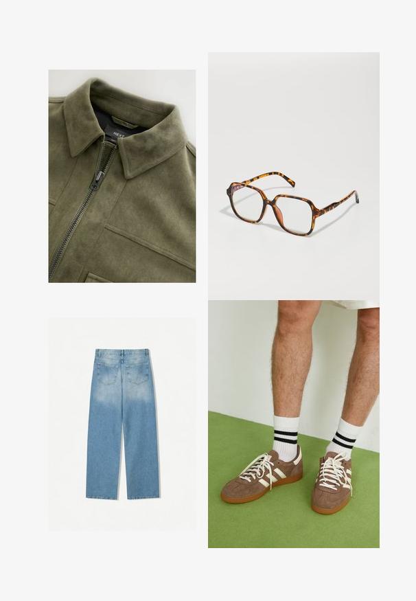 Olivgrön mockajacka med krage, dragkedja fram och två bröstfickor. Slät textur med subtila sömdetaljer.; Vit bomullstopp med rundad halsringning, utan ärmar och en åtsittande form. Slät textur, enkel design och minimala sömnadsdetaljer.; Ljust blå och vit flanellskjorta med svart rutmönster, utrustad med två bröstfickor och guldknappar, designad med en avslappnad passform.; Ljusblå denimjeans med rak bendesign, som har två bakfickor och en urvaskad yta vid de övre delarna.; Bruna mockaskor med vita detaljer och snören. Gummisula i beige. Bärs med vita strumpor med svarta ränder. Grön strukturerad golvyta.; Sköldpaddsmönstrade glasögon med fyrkantig båge, utrustade med klara linser och ett texturerat mönster. Bågarna har en tunn och strömlinjeformad design.; Vävd läderhandväska i marinblått med rundad form, enkel handtag och dragkedjestängning. Strukturerad yta med intrikat korgvävsmönster.