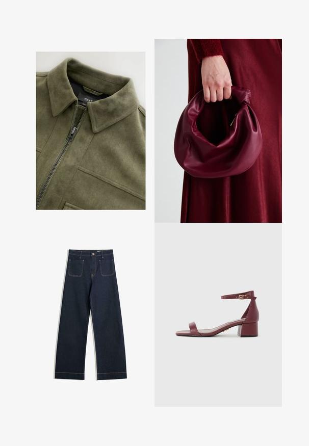 Olijf groene suède-achtige jas met een kraag, een frontale rits en twee borstzakken. Soepele textuur met subtiele stikdetails.; Witte, een-schouder crop top gemaakt van textuur gebreide stof. Met een enkele band en een rechte zoom, en subtiele ribbeldetails.; Donkerblauwe wijde jeans gemaakt van denim met contrasterende tan stiksels, twee achterzakken en een knoopsluiting bij de taille.; Bordeaux leren sandaal met een vierkante neus, dunne enkelband, gouden hardware en een chunky blokhak. Soepele textuur en minimalistisch ontwerp.; Bordeaux leren handtas met een zacht, gegathered ontwerp en een ronde vorm. De handgreep is stevig bevestigd en toont een gladde textuur.