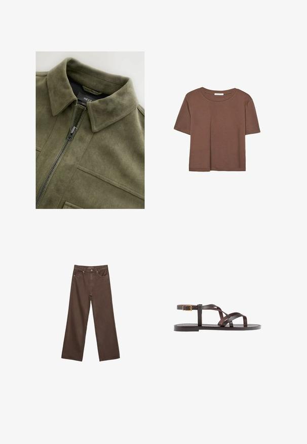 Oliva zelena jakna od antilopa s ovratnikom, prednjim zatvaračem i dva džepa na grudima. Glatka tekstura s suptilnim šavovima.; Smeđi kratki rukav majica od mekog materijala, s okruglim izrezom i opuštenim krojem. Nema vidljivih uzoraka ili naglasaka.; Proširene smeđe traperice od denima, s visokim strukom, prednjim džepovima i klasičnom kopčom na dugme. Glatka tekstura s suptilnim šavovima.; Smeđe kožne sandale s iskrižanim trakama, umetkom za zapešće s kopčanjem i ravnim potplatom s minimalnim detaljima šivanja.