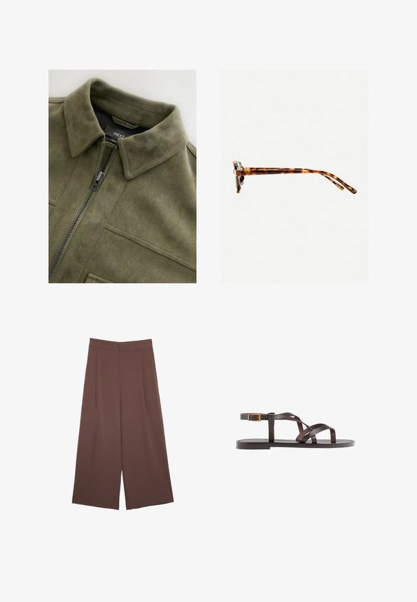 Giacca in suede verde oliva con colletto, zip frontale e due tasche sul petto. Texture liscia con dettagli di cucitura sottili.; Top senza maniche marrone con scollo quadrato, realizzato in tessuto morbido ed elastico. Presenta un design aderente e cuciture piatte.; Pantaloni ampi marroni con una texture liscia, caratterizzati da una vita alta e pieghe frontali. Il tessuto è leggero e scorre liberamente.; Sandal in pelle marrone con cinturini incrociati, chiusura con cinturino alla caviglia e suola piatta con dettagli di cucitura minimi.; Occhiali da sole tartarugati con una montatura spessa, tempie leggermente curve e superficie liscia. Presentano un design classico con una finitura lucida.