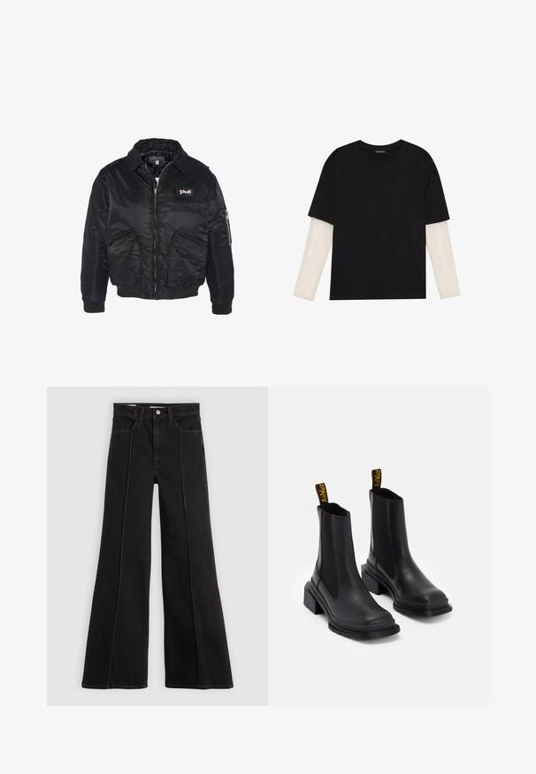 Sort bomberjakke, satinmateriale, lynlåslukning, to forlommer og en lomme på ærmet. Har et Schott logo patch på brystet.; Sort T-shirt lavet af bomuld, med korte ærmer over et hvidt langærmet lag med et subtilt tekstureret mønster. Design med rund hals.; Sorte højtaljede bredbenede jeans med detaljering af frontsømmene, knaplukning, bæltestropper og frontlommer på en enkel lys baggrund.; Sorte ankelstøvler lavet af glat læder med elastiske sidepaneler, en kvadratisk tå og en kraftig hæl. Udstyret med gule mærkeforankringssløjfer.